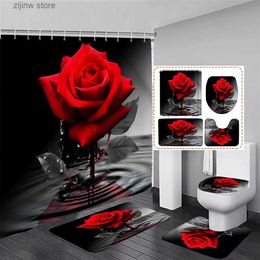 Shower Curtains Red Rose Shower Curtain Set Natural Flower Water Reflection Valentines Day Home Bathroom Decoration Bath Mats Toilet Lid Cover Y240316