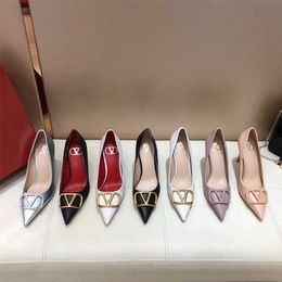 13% OFF Sports shoes 2024 Spring New V-Family Metal High Heel Pointed Tip Shallow Mouth Womens Shoes with Genuine Leather Heels and Fashion Sandals