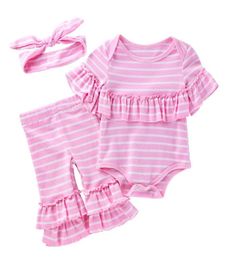 Cute Baby Girl Autumn Clothing Sets 024Month Newborn Infant Designer Pink Stripe Ruffle Romper Suits Cotton RompersPantsHeadban3163110