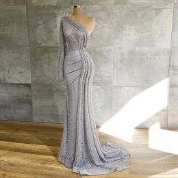 Silver One Shoulder 2024 Prom Dresses Long Sleeve Mermaid Evening Gown Glitter Sequined Arabic Formal Prom Dresses Long