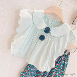 Clothing Sets Summer Girls Clothing Sets Hong Kong Style Doll Collar Wavy Sleeveless Top+Wide Leg Pants Baby Clothes Children Kids Outfits