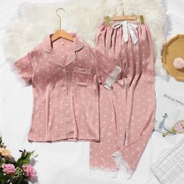 Sleepwear Lisacmvpnel Srping New Crown Print Women Pyjamas Lace Sweet Short Sleeve Suit Pamas Summer Satin Chiffon Soft Touch Sleepwear