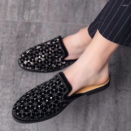 Slippers Fashionable Half Colorful Diamond Heel Free Lazy Bean Shoes Men's Black Size 38-44