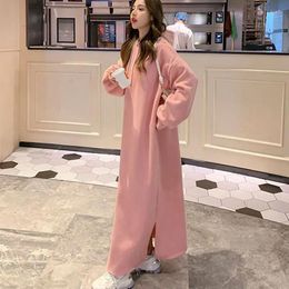 Casual Dresses Plus Size 6XL 150kg Winter Women Fleece Dress Loose Waist Long Sleeve Ladies Big Su