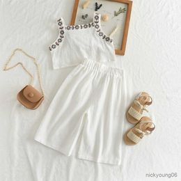 Clothing Sets Korea Baby Girls Sets Summer Embroidery Kids Girls Clothes Vest Tops + Wide Leg Pants Suit Kids Outfits 2Pcs Casual Kids Suits