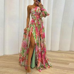 Casual Dresses Evening Dress Elegant One Shoulder Floral Print Maxi With Side Split Hem Pleated Detail For Parties Banquets Special