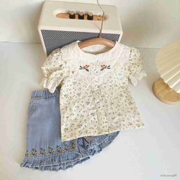 Clothing Sets 2023 Spring/Summer New Girls Clothing Sets Lace Cute Fragmented Blouse Top+Embroidered Denim Shorts 2pcs Fashion Kids Outfit