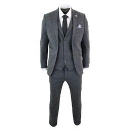 Suits Grey 3 Piece Wedding Tuxedos Notched Lapel Two Buttons Herringbone Tweed Formal Men Suits Custom Made Peaky Blinders Bridegroom