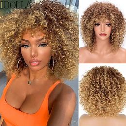 Idolla Short Curly Blonde Wig Synthetic Afro Kinky Curly Wig With Bangs For Black Women Natural Ombre Blonde Cosplay Wig 240305