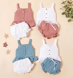 Summer INS Baby Girls Linen Clothing Set Kids Suspender Vest Ruffle Tops Shorts 2pcsset Outfits Boutique Child Cothes M15291638709