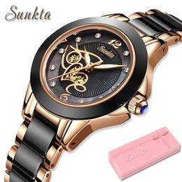SUNKTA Brand Luxury Women Watches Black Ceramic Diamond Ladies Watch Waterproof Quartz Wristwatch Relogios Femininos Clock Gift 240305