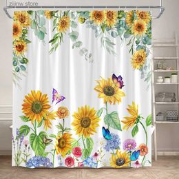 Shower Curtains Floral Sunflower Shower Curtain Butterfly Spring Watercolour Flower Green Leaves Plant Modern Minimalist Bathroom Curtains Decor Y240316