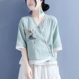 Tanks Autumn Cotton Linen Bird Flower Embroidery Vneck Oblique Bead Button Midsleeve Top Women's Retro Casual Large Size Tea Clothes