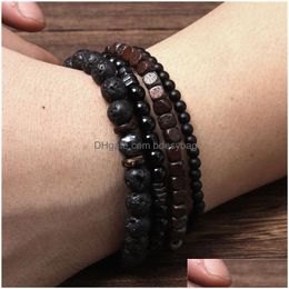 Beaded 4Pcs Set Natural Lava Stone Strands Wooden Beaded Bracelets For Men Handmade Charm Party Club Male Jewelry Drop Delivery Jewel Dhy8T