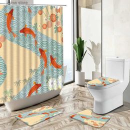 Shower Curtains Cartoon Wave Shower Curtain Set Japanese Geometric Floral Koi Print Home Decor Bath Mat Toilet Lid Cover Flannel Bathroom Carpet Y240316