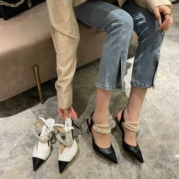 Boots Fashion Women Sandals Pointed Toe Black White Pearl Chain Closed Mixed Color Thin High Heels Pumps Shoes Woman Sandals 39