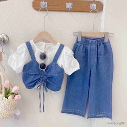 Clothing Sets Summer ChildrenS Girls Clothing Sets Denim Suspenders +Short Sleeve+Wide Leg Pants 3Pcs Fashion Baby Kids Clothes Suit