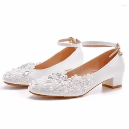 Dress Shoes Pumps Women Round Toe Rhinestone Buckle Strap PU 3CM Thin High Heels Lace Lady Wedding Korean Style White