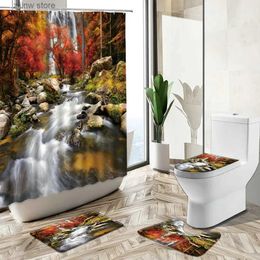 Shower Curtains Autumn Forest Scenery Shower Curtain Waterfall Red Maple Leafs Natural Landscape Non-Slip Rug Toilet Cover Bathroom Decor Set Y240316