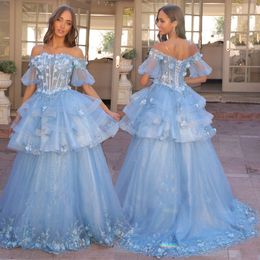 Unique Fluffy Prom Dresses Off the Shoulder Tiere Graduation Dress 2 Pieces with Lace Appliques Birthday Party Gown