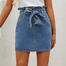 Ruffle Edge High Waisted Denim Short Skirt Washed with Lace Up Age Reducing and Versatile Commuting Womens Clothing