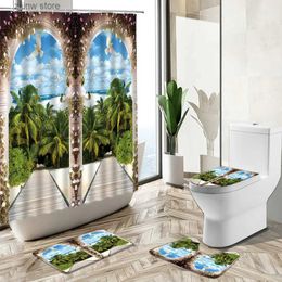 Shower Curtains Ocean Window View Shower Curtain Flower Green Plant Tree Forest Waterfall Natural Scenery Non-Slip Rug Toilet Cover Bathroom Set Y240316