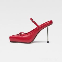 2024 European and American Metal Thin High Heels Square Head High Quality Walking Shoes Women's Fashion Baotou Slippers