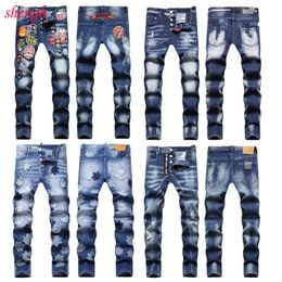 Sheng designer for Mens Womens Stacked Black Jeans Denim Pants Stretch Elastic Patchwork Trends Distressed Ripped Biker Slim Fit Motorcycle Sweatpants