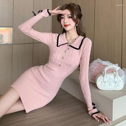 Casual Dresses Vintage Temperament Jacquard Knit Dress For Women Spring Autumn Stylish Lapel Button Deco Slim Sheath Mini Sweater