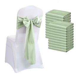 10PCS 17x275cm Sage Green Satin Chair Sashes Bows Cover Ribbons for Wedding Banquet Party Baby Shower Event Decorations 240307