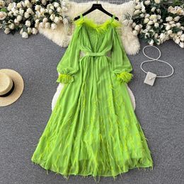 Casual Dresses Fashion Runway Spring Green Party Long Dress Elegant Women Slash Neck Feather Spliced Chiffon Flare Sleeve Holiday Maxi Robe