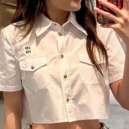 Designer Shirt Women T Shirts Fashion Embroidery Letter Blouse Lapel Short Sleeve Shirt Cotton Cardigan Coat Tops Asian Standard
