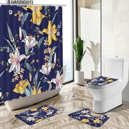 Shower Curtains Tropical Exotic Plants Shower Curtain Flower Leaves Colorful Hand Painted Art Bathroom Non-Slip Carpet Toilet Cover Foot Mat Set Y240316