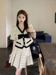 Work Dresses Short Sleeved Cardigan Jacquard Pleated Skirt Bow Suit Beach Outfits For Women Cropped Jacket V Neck Tops 2 Piece Sets 2024