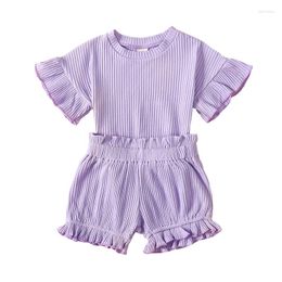 Clothing Sets Toddler Baby Girl Summer Solid Outfits Roundneck Ruffle Short Sleeve Ribbed Shirt Shorts Infant Clothes Set