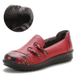 Boots Chinese Traditional Flats Spring Leather Shoes Women's Loafers Floral Mom Fur Moccasins Ladies Woman Driving Shoes Plush Loafers