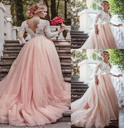 2019 ALine Blush Pink Wedding Dresses With 34 Long Sleeves Tulle Skirt Lace Country Wedding Dress VNeck Bridal Gowns Cheap2908353