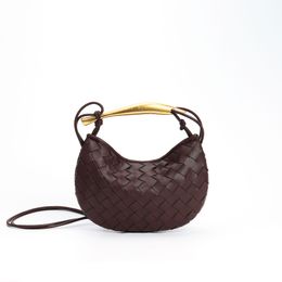 Real Cowhide Leather Shoulder Bag Top Handle Women Handmade Woven Small Totes With Metal Handle Purses And Handbags Fashion Girl Messenger Crossbody Bags
