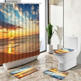 Shower Curtains Ocean Scenery Bathroom Shower Curtain Set Sunset Glow Beach Natural Landscape Photography Non-Slip Rug Toilet Lid Cover Bath Mat Y240316