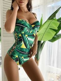 Women's Swimwear Green Leaf One Piece Swimsuit Women Hollow Out Side Swimwear Slimming Bodysuit Summer Beach Bathing Suit S~XLC24315