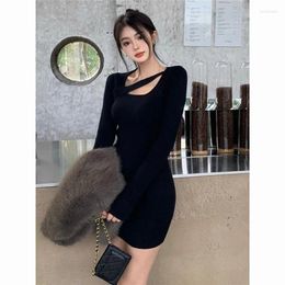 Casual Dresses 2024 Spring Long Sleeve Black Mini Dress Vestidos Tight Fitting Lining Short Skirt Fashion Pencil Bodycon
