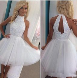 A Line High Neck Luxury White Beaded Short Keyhole Back cocktail Dresses Plus Size Homecoming Party Prom Dresses Formal Evening Ve2595116