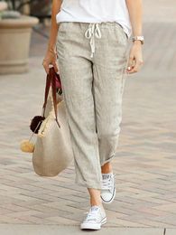 Women's Pants Women Cotton Linen Wide Leg Summer Female Elastic Waist Drawstring Solid Loose Trousers JYFS-1616