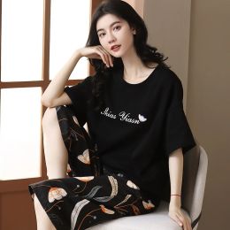 Sleepwear Summer Elegant Women Floral Pama Sets Short Sets Capris Knitted Cotton Sexy Black Sleepwear Femalepamas Lounge Pijama Mujer