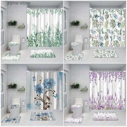 Shower Curtains Floral Shower Curtain Set Watercolour Flowers Butterfly Green Plant Leaves Modern Home Bathroom Decor Bath Mats Toilet Lid Cover Y240316