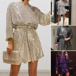 Casual Dresses Women Dress Shiny Sequin Round Neck Long Sleeve Lace-up Tight Waist Sparkling Soft Commute Club Party Above Knee Length Mini