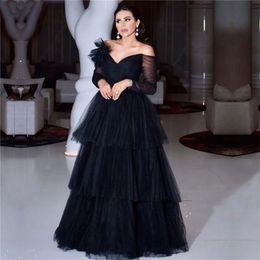 Elegant Arabic Black Floor Length Prom Dresses A Line Off The Shoulder Long Sleeves Tiered Tulle Classic Evening Gowns For Women Birthday Formal Occasion Party Dress