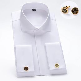 Windsor Collar French Cuff Dress Shirt Fashion Mens Long Sleeve Luxury Business Formal Shirts Covered Button Cufflink 240301