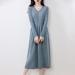Casual Dresses Women's Autumn And Winter Long Sleeved Warm V-Neck Pullover Elastic Dress Slim Fit Cashmere Knitted
