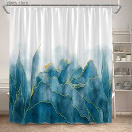 Shower Curtains Abstract Blue Marble Shower Curtains Gold Lines Creative Geometric Pattern Modern Minimalism Fabric Bathroom Decor with Hooks Y240316